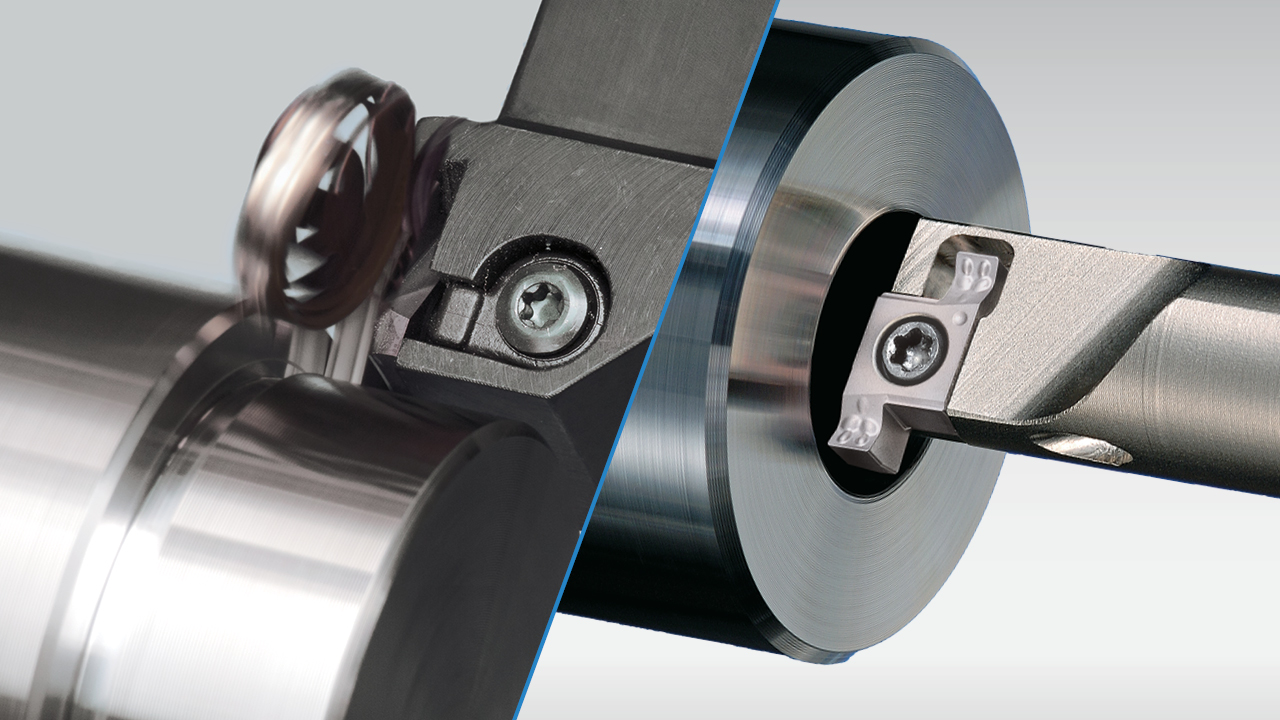 PR20 Series insert coating technology for indexable grooving tools for steel, stainless, and cast iron.